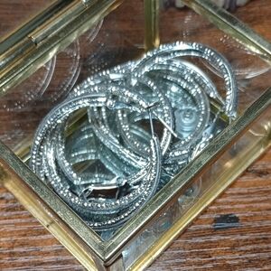 Silver And Black Sparkly Hoop Earrings And Vintage Mirror Box